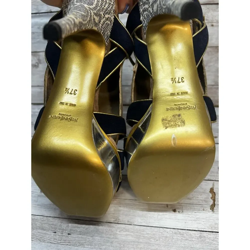 Saint Laurent YSL Tribute Platform Leather Sandal Heels Sizd EU 37.5 - Picture 7 of 11